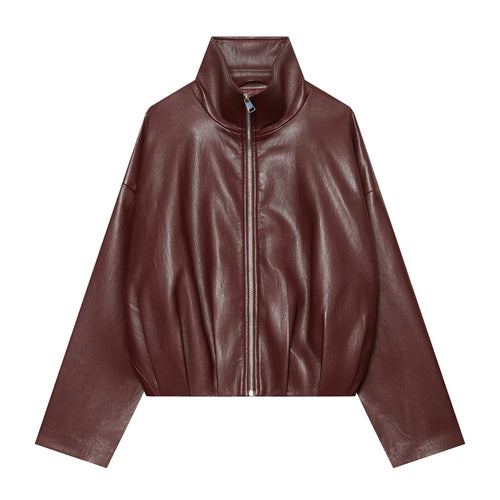 Damen Cropped Kunstlederjacke mit hohem Kragen, Oversize-Ärmeln und tailliertem Bund Shop Nory