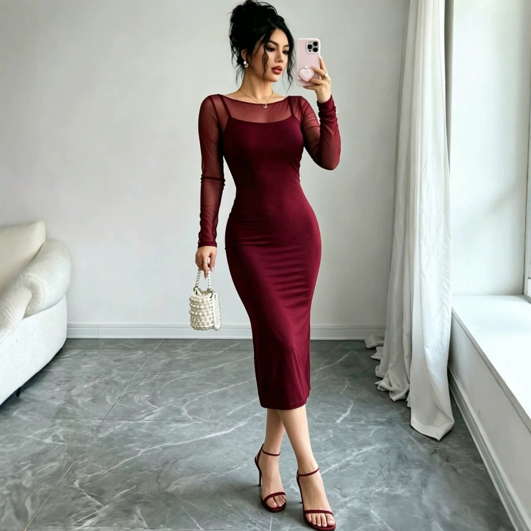 Damen Figurbetontes Etuikleid mit transparenten Mesh-Ärmeln Shop Nory