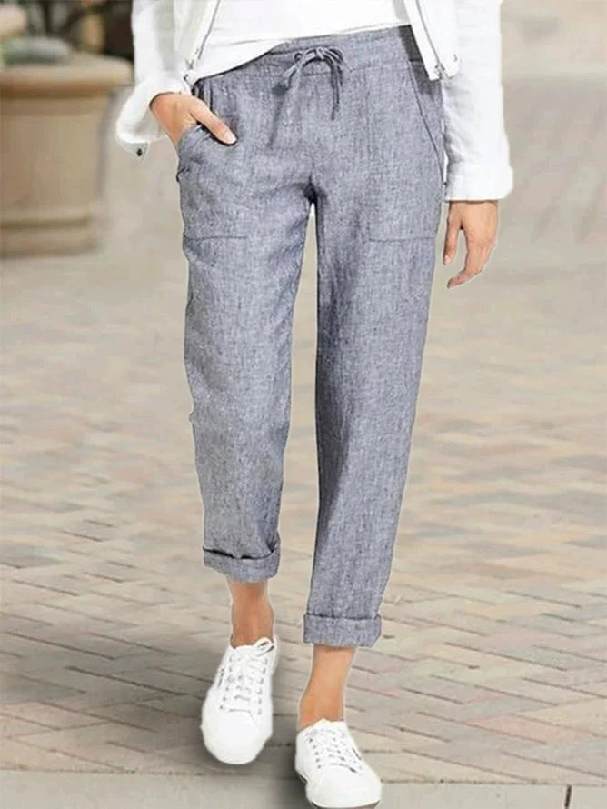 Damen entspannte Leinenhose mit elastischem Bund und praktischen Taschen
