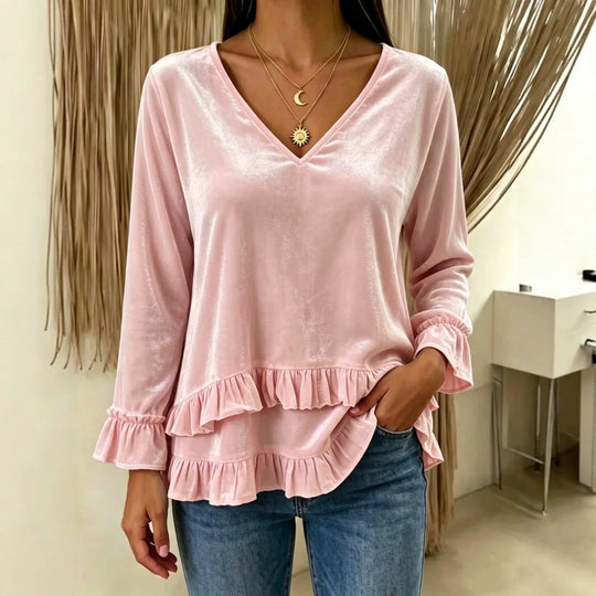Damen Samt-Tunika mit V-Ausschnitt, Stufenvolants und gerafften Ärmeln Shop Nory