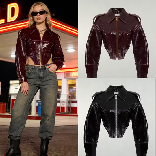 Damen kurz geschnittener Lackoptik-Blouson mit tailliertem Korsett-Schnitt Shop Nory