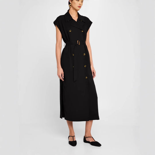 Damen Ärmelloses Doppelreiher-Midikleid mit Trench-Gürtel Shop Nory