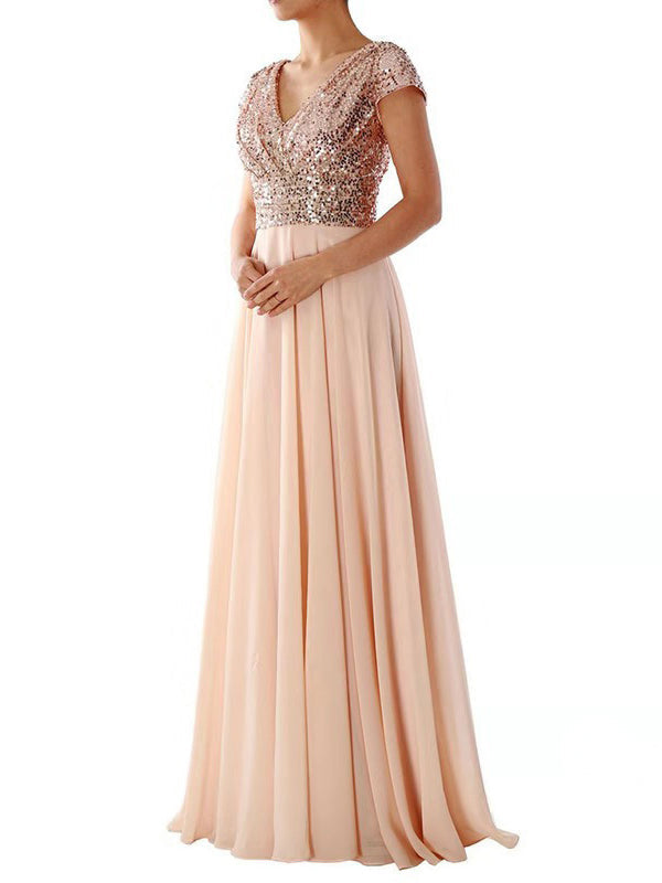 Damen Kleider V-Ausschnitt Paillette Chiffon Paneel Maxi Kleid