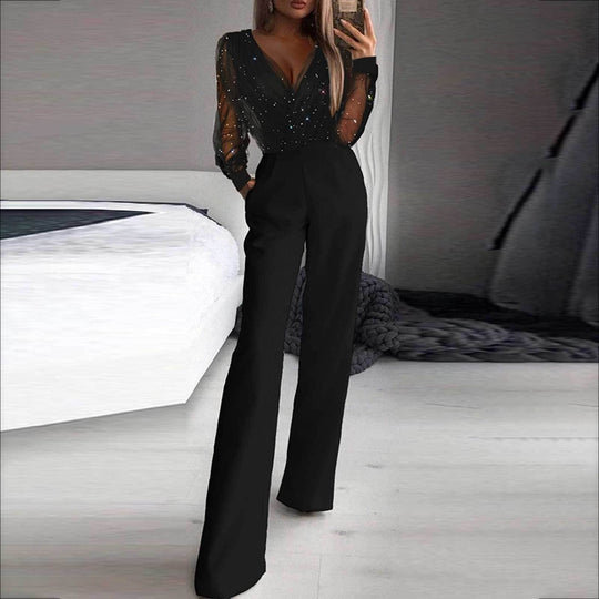 Damen Eleganter Jumpsuit mit transparenten Ärmeln und funkelnden Details