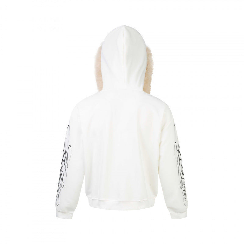 Unisex Oversize-Kapuzenjacke mit Kunstfellbesatz, Reißverschluss und Grafikärmeln Shop Nory