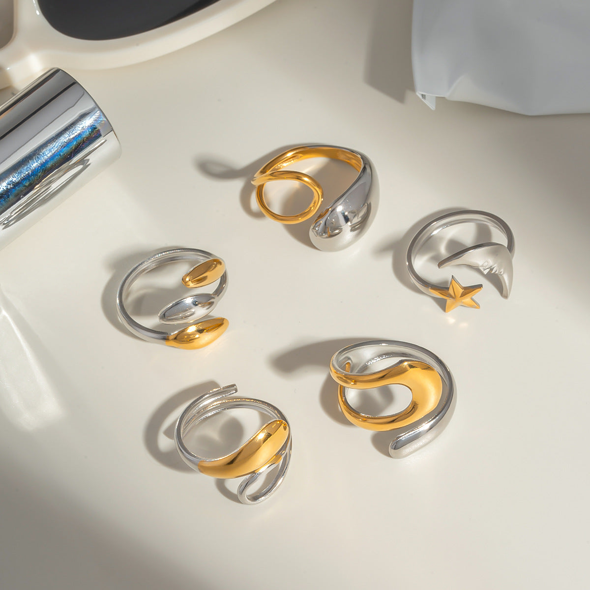 Damen verstellbarer Edelstahlring mit doppeltem Glanz Shop Nory