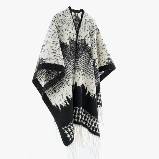 Damen Monochromer Jacquard-Capeponcho aus Wollmix mit Fransen und Oversize-Fall Shop Nory