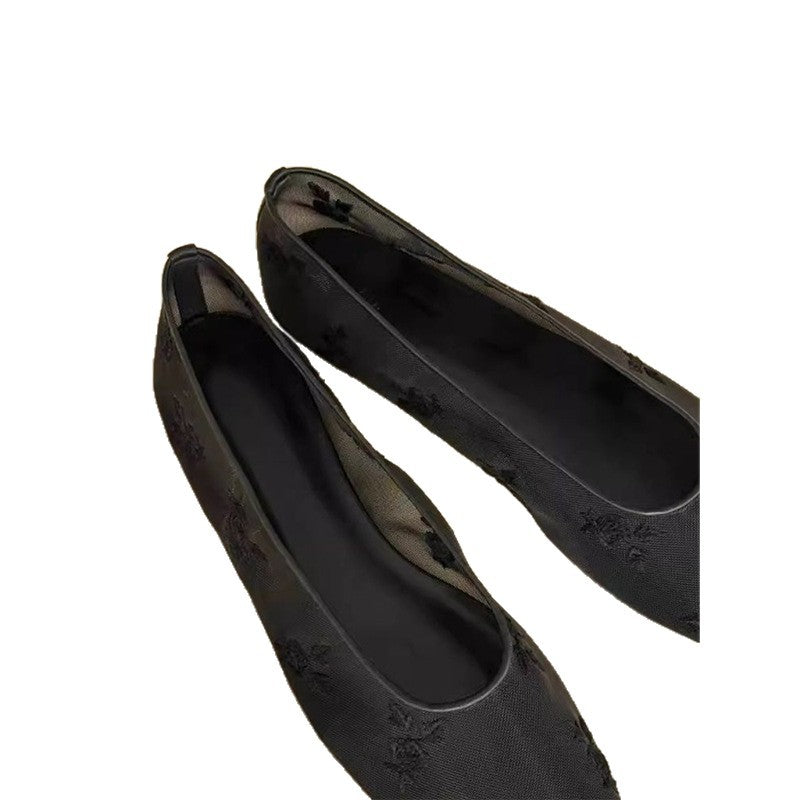 Damen Bestickte Mesh-Ballerinas mit quadratischer Zehenpartie und Rosenstickerei Shop Nory