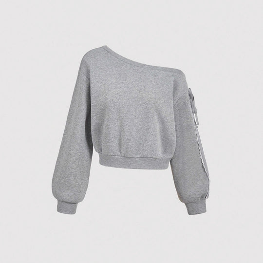 Damen Kurzgeschnittenes One-Shoulder Sweatshirt mit Ballonärmeln und Schnürdetail Shop Nory