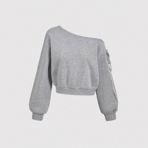 Damen Kurzgeschnittenes One-Shoulder Sweatshirt mit Ballonärmeln und Schnürdetail Shop Nory
