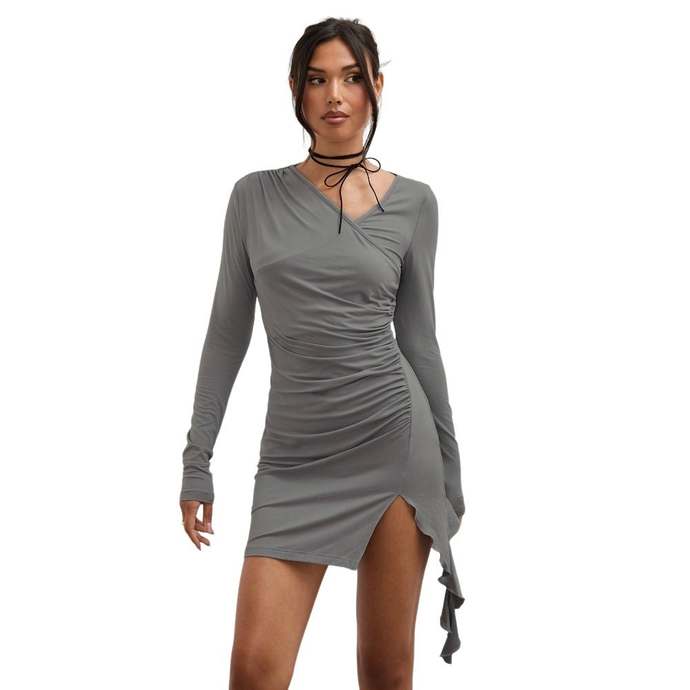Damen gerafftes asymmetrisches Minikleid mit V-Ausschnitt, langem Ärmel und seitlichem Volant-Detail Shop Nory