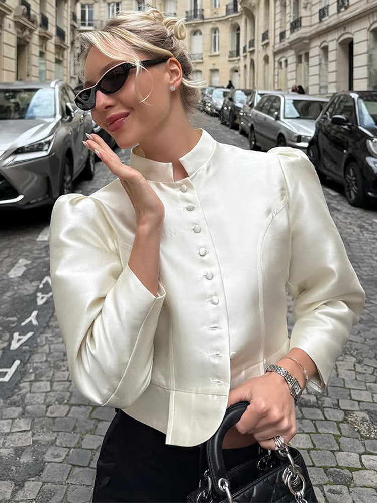 Damen Taillierte Satin-Bolerojacke mit Stehkragen & betonten Puffärmeln Shop Nory