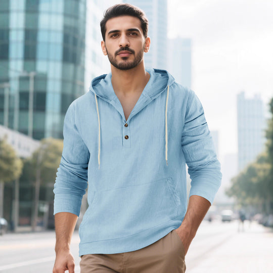 Herren Leichter Kapuzen-Henley aus Baumwoll-Leinen mit Kängurutasche Shop Nory