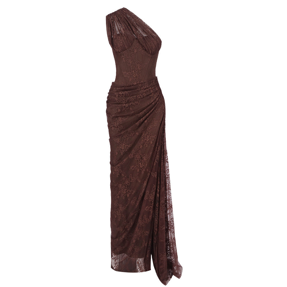 Damen elegantes Abendkleid mit asymmetrischem One-Shoulder-Design und floralem Spitzenbesatz