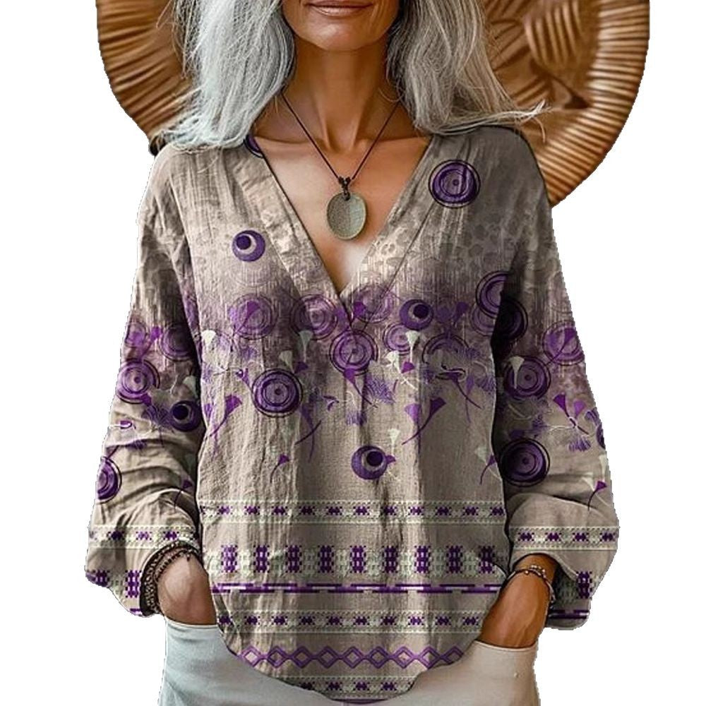 Damen Boho-Leinenmischung Tunika-Bluse mit V-Ausschnitt und floraler Aquarellstickerei Shop Nory