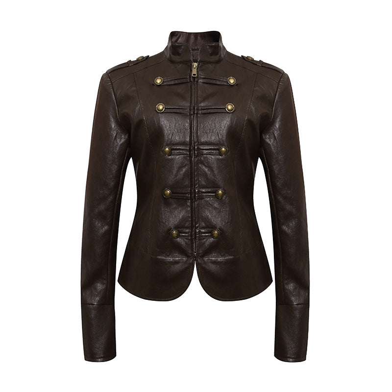 Damen figurbetonte Lederjacke im Military‑Stil mit Stehkragen und Zierknopf‑Blende Shop Nory