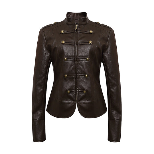 Damen figurbetonte Lederjacke im Military‑Stil mit Stehkragen und Zierknopf‑Blende Shop Nory