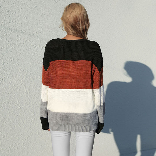 Damen Lässiger Blockstreifen-Pullover im Grobstrick mit Rundhalsausschnitt Shop Nory