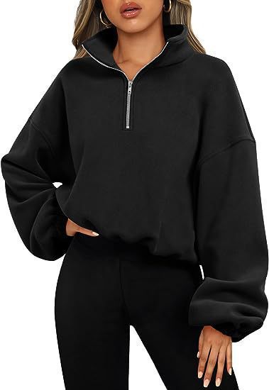 Damen nan kurz geschnittenes Halbzip-Sweatshirt mit hohem Stehkragen, Ballonärmeln und elastischem Saum Shop Nory