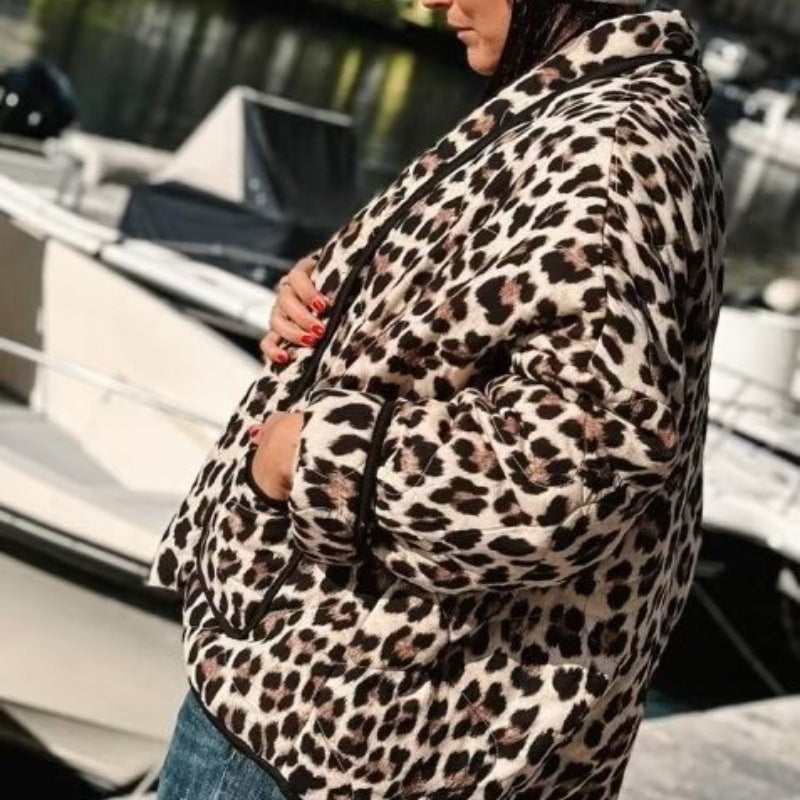 Damen Gefütterte Kurzjacke im Leopardenmuster mit Schalkragen und Paspelierung Shop Nory
