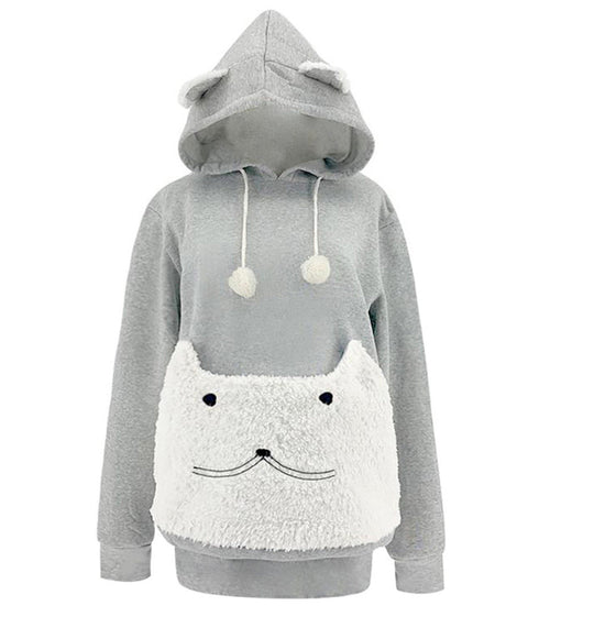 Damen Kuscheliger Kapuzenpullover mit Katzenmotiv und praktischer Känguru-Tasche