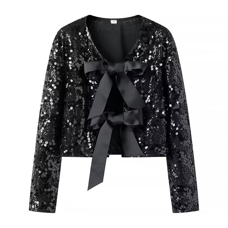 Damen Kurzjacke mit Paillettenbesatz und Zierschleifen-Front Shop Nory