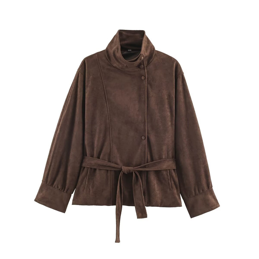 Damen Boxy-Wickeljacke in Veloursoptik mit hohem Stehkragen und Bindegürtel Shop Nory