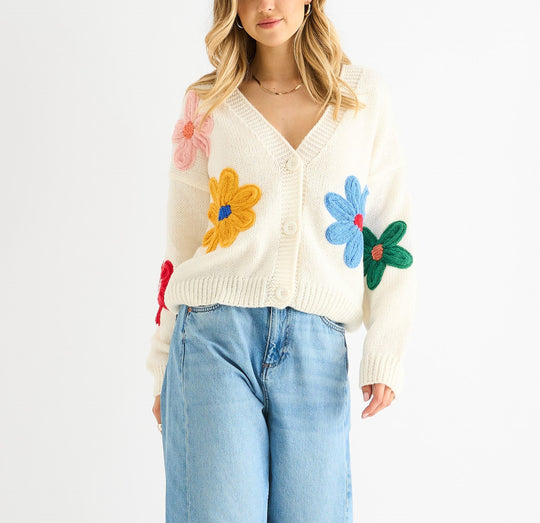 Damen Cardigan mit dreidimensionalen Blumenapplikationen und V-Ausschnitt Shop Nory