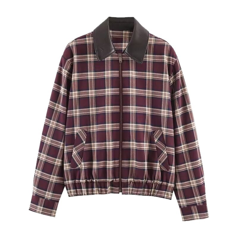 Damen Karierte Blousonjacke mit kontrastierendem Lederkragen und elastischem Saum Shop Nory
