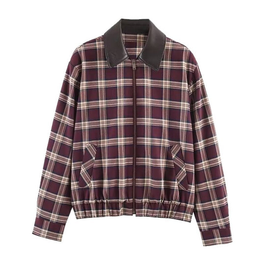 Damen Karierte Blousonjacke mit kontrastierendem Lederkragen und elastischem Saum Shop Nory
