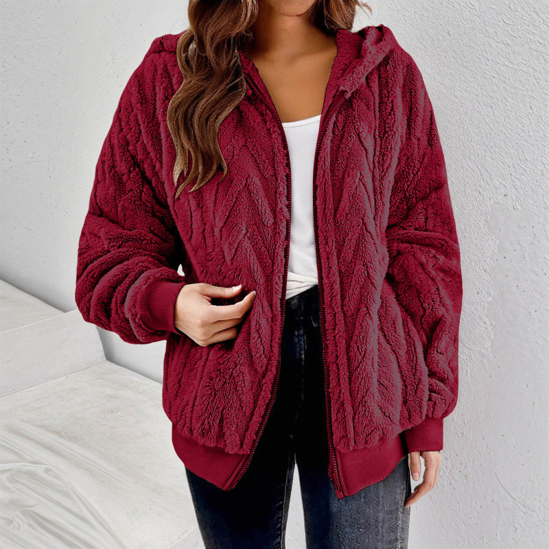 Damen Kapuzen-Teddyjacke mit Reißverschluss, weichem Plüsch und elastischem Bündchen Shop Nory
