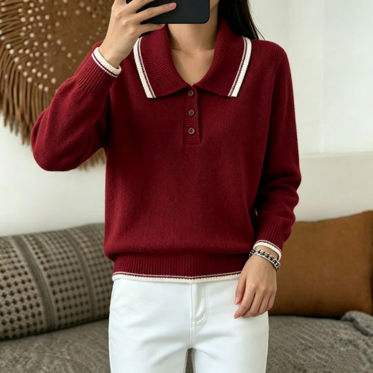 Damen Polokragen‑Strickpullover mit Knopfleiste und gerippten Bündchen Shop Nory