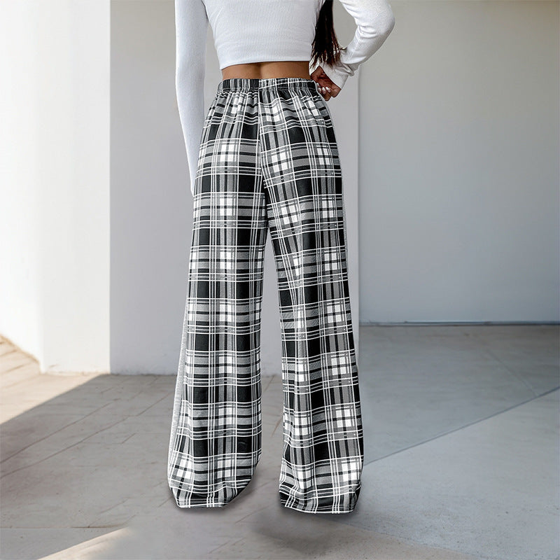 Damen Weite Lounge‑Hose im Karomuster mit elastischem Bund und Kontrast‑Seitpanel Shop Nory