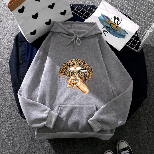 Damen nan oversized Fleece-Hoodie mit Leoparden-Lippen-Motiv, Kängurutasche und gerippten Bündchen Shop Nory