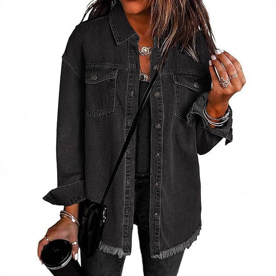 Damen Oversize Jeanshemdjacke mit Fransensaum Shop Nory