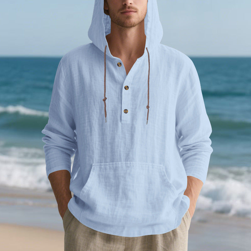 Herren Leichter Kapuzen-Henley aus Baumwoll-Leinen mit Kängurutasche Shop Nory