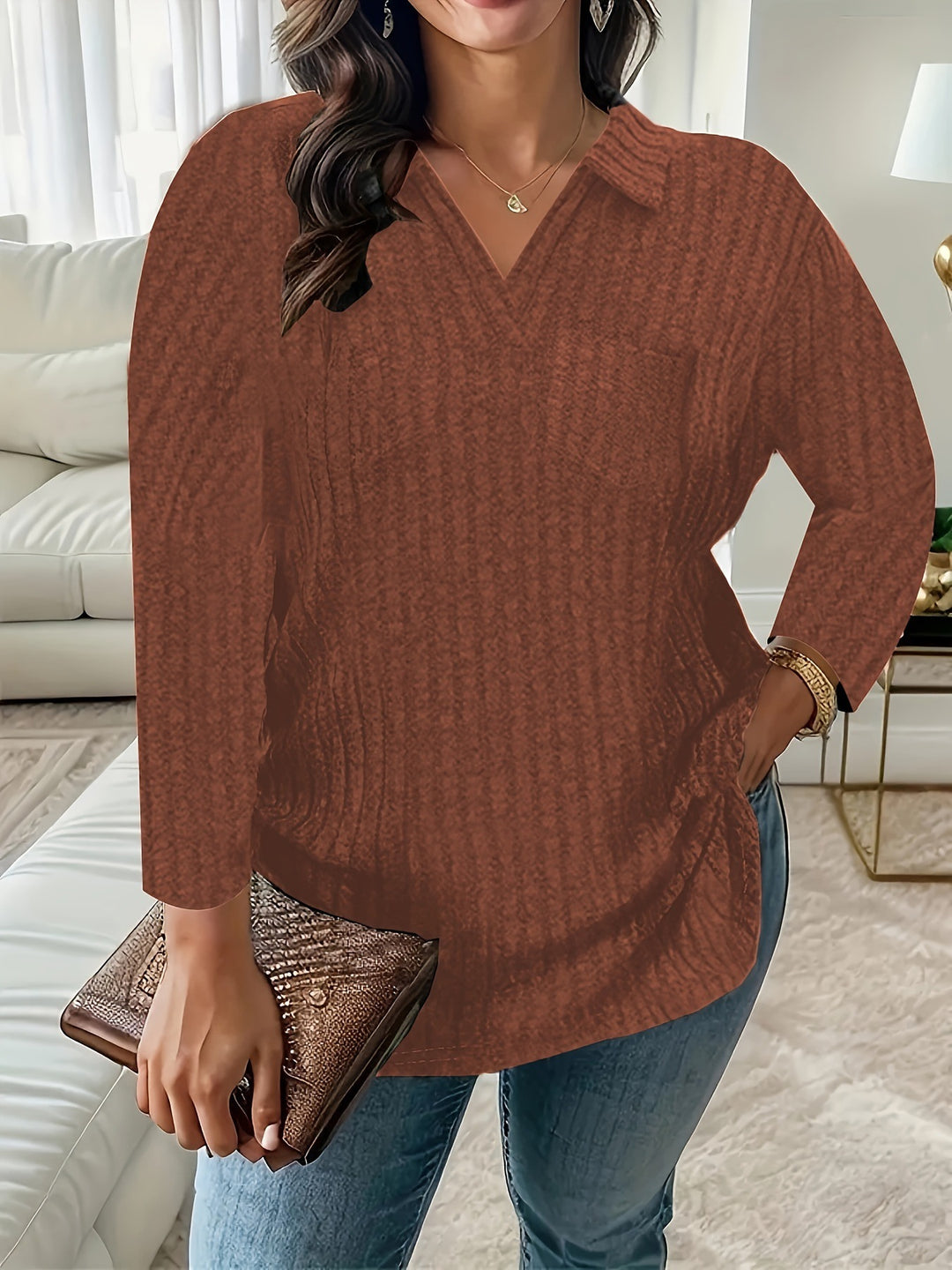Damen Gerippter V-Ausschnitt Pullover mit Hemdkragen und lockerer Tunika-Silhouette Shop Nory