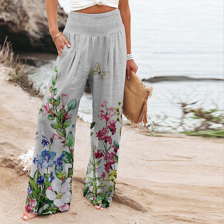 Damen Palazzo-Hose mit floralem Motiv und elastischem Bund
