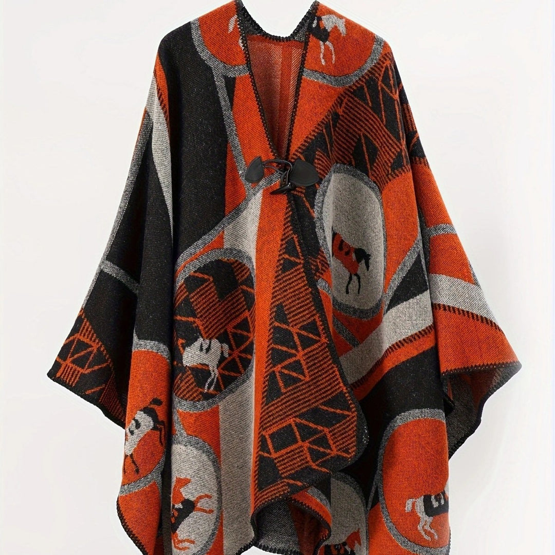 Damen Wollmix-Jacquard-Ruana mit Pferdemotiv, Knebelverschluss und offener Kimono-Silhouette Shop Nory