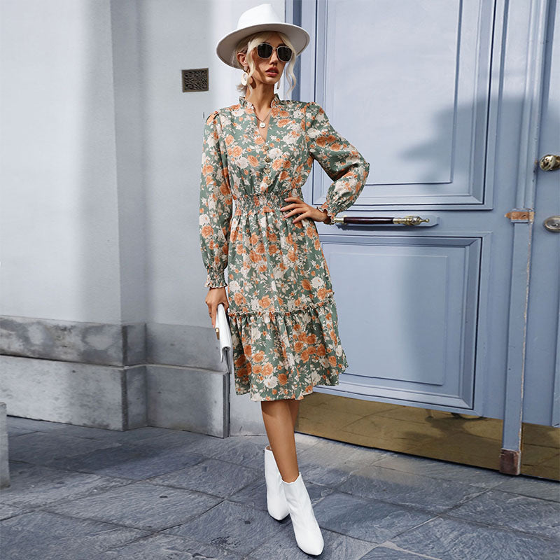 Damen Midikleid mit floralem Alloverprint, gerafftem Smock-Taillenbund und Volant-Saum Shop Nory