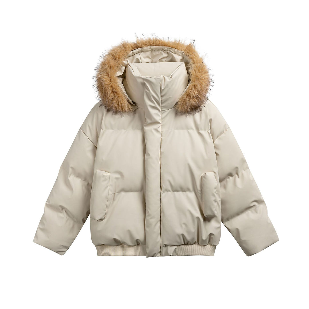 Damen Wattierte Kurzsteppjacke mit Kunstfellkapuze und geripptem Saum Shop Nory