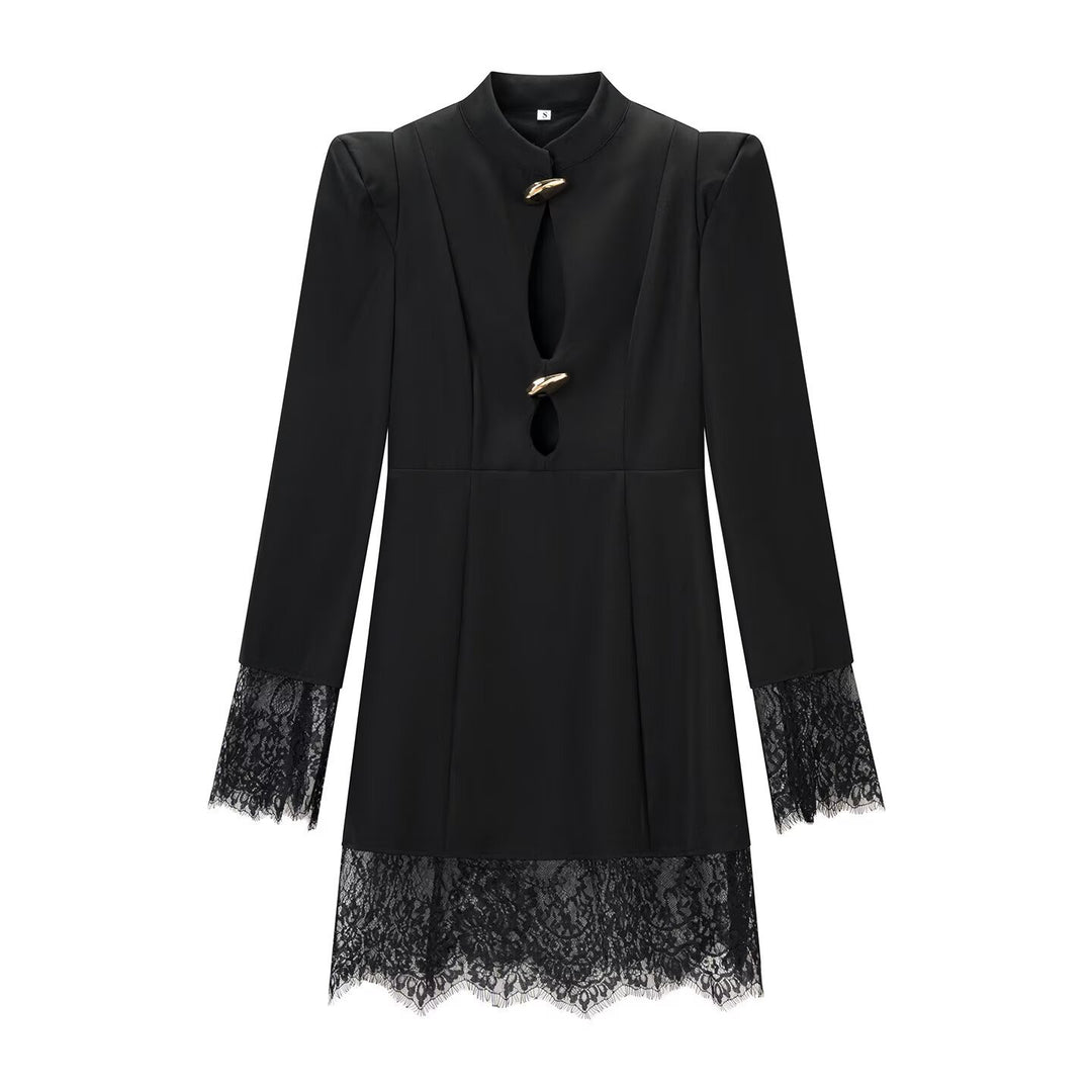 Damen Langarm-Minikleid mit Stehkragen, Cut-outs, goldenen Zierknöpfen und Spitzenbesatz Shop Nory