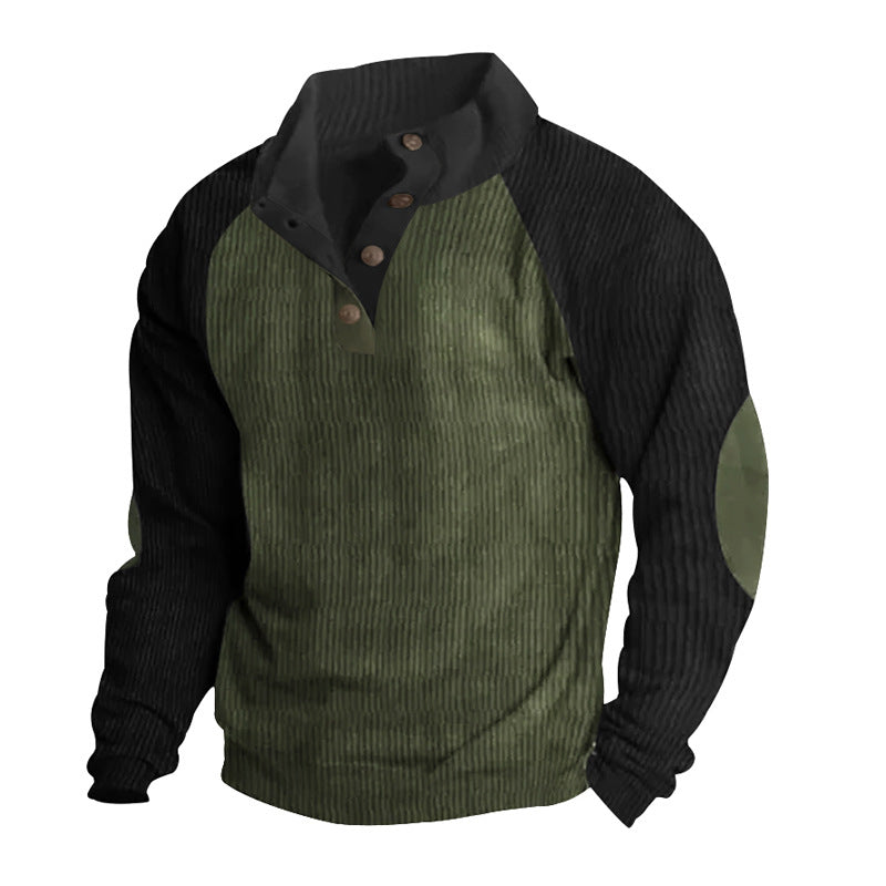 Herren Strukturiertes Raglan-Henley-Pullover mit Stehkragen, Ellenbogenpatches & Knopfleiste Shop Nory
