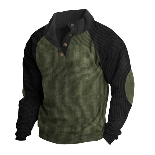 Herren Strukturiertes Raglan-Henley-Pullover mit Stehkragen, Ellenbogenpatches & Knopfleiste Shop Nory