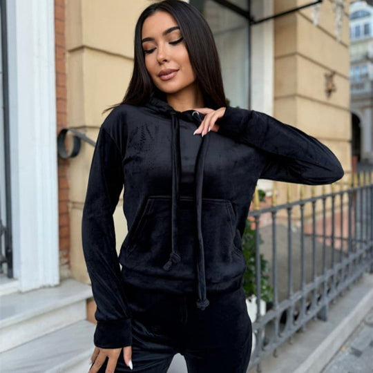Damen weiches Velours-Lounge-Set mit Kapuzenpullover und tapered Jogginghose Shop Nory