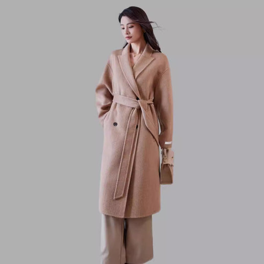 Damen Wollmantel mit Bindegürtel und weitem Revers Shop Nory