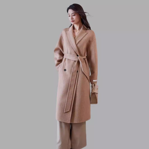 Damen Wollmantel mit Bindegürtel und weitem Revers Shop Nory