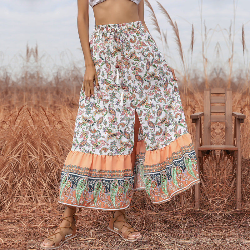 Damen Boho-Maxirock mit Paisley-Alloverprint, elastischem Taillenbund, Tunnelzug und Volantstufe Shop Nory