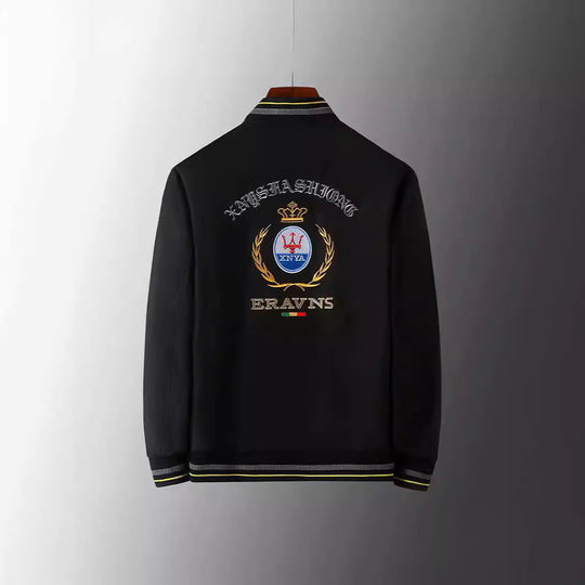 Herren Stickdetail-Bomberjacke im Retro-Crest-Stil mit Emblemstickerei und Reißverschluss-Ärmeltasche Shop Nory
