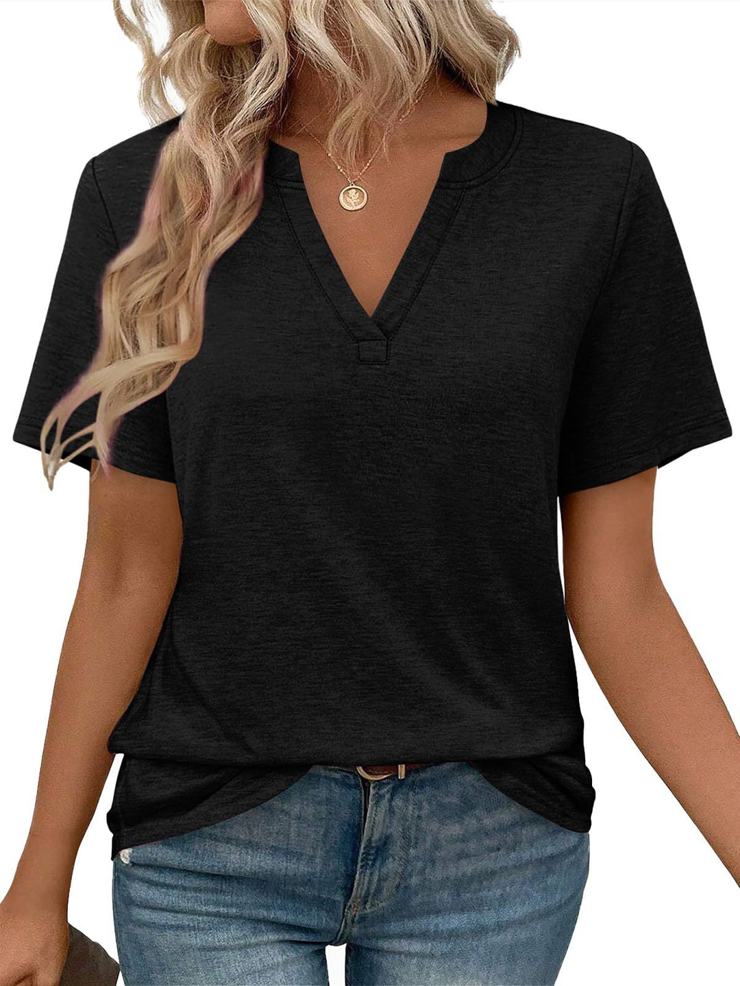 Damen V-Ausschnitt Kurzarm T-Shirt aus angenehmem Baumwollmix mit lässigem Schnitt